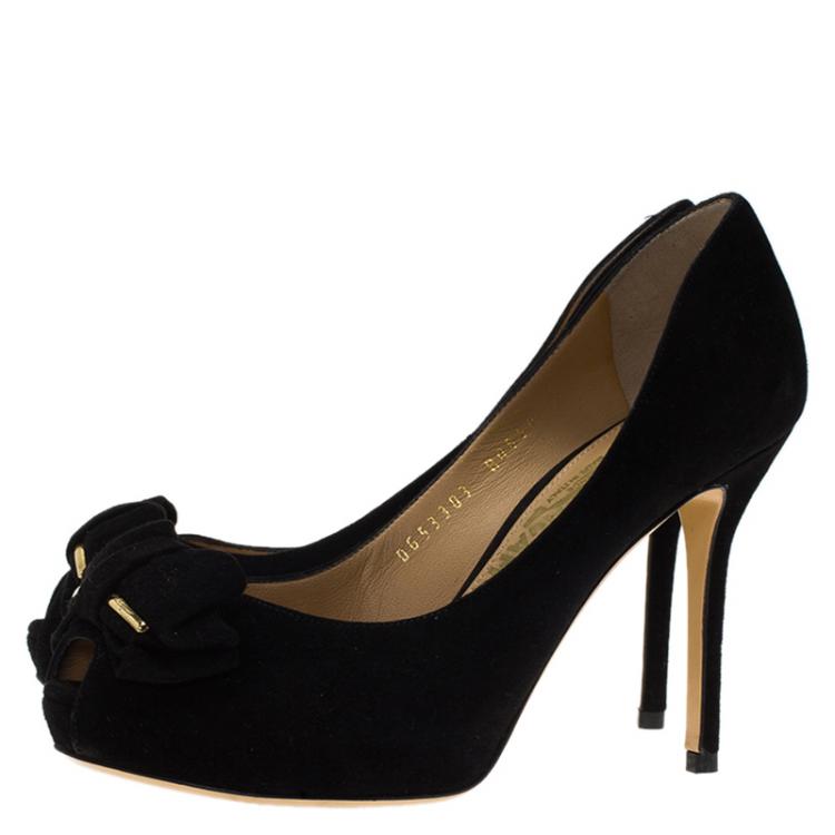 Pre Owned Salvatore Ferragamo Black Suede Rosella Bow Peep Toe Platform Pumps Size 35.5