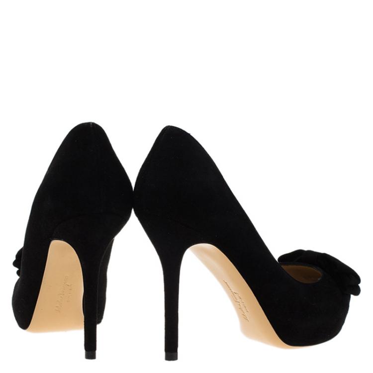 Pre Owned Salvatore Ferragamo Black Suede Rosella Bow Peep Toe Platform Pumps Size 35.5