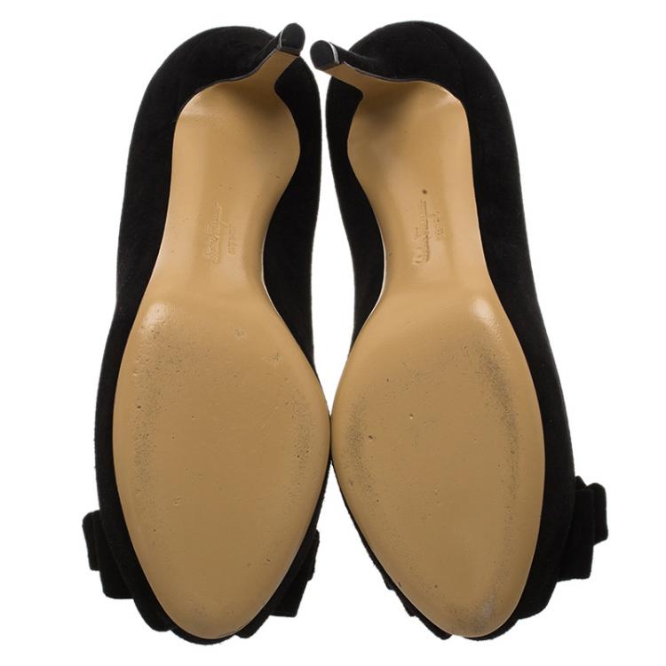 Pre Owned Salvatore Ferragamo Black Suede Rosella Bow Peep Toe Platform Pumps Size 35.5