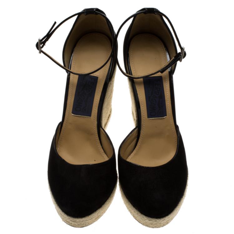 مملوكة مسبقًا Salvatore Ferragamo Black Suede Ankle Strap Espadrille Wedges Size 39.5