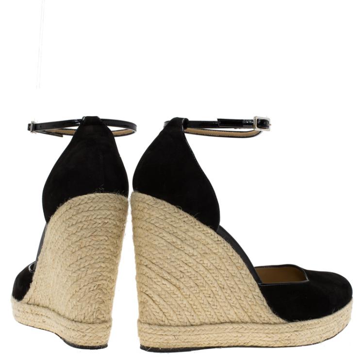 مملوكة مسبقًا Salvatore Ferragamo Black Suede Ankle Strap Espadrille Wedges Size 39.5