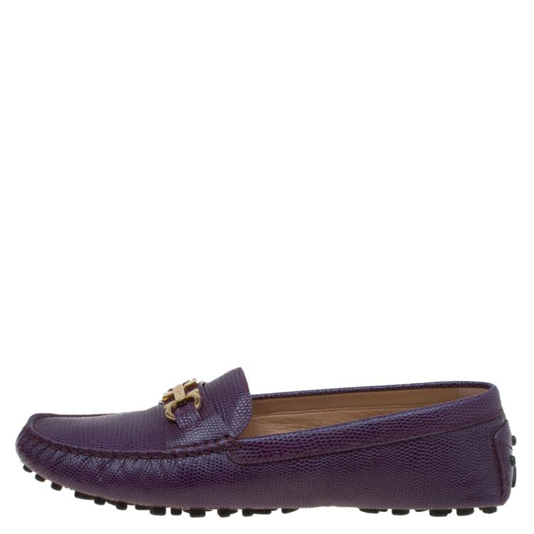 Pre Owned Salvatore Ferragamo Purple Lizard Embossed Leather Saba Loafers Size 38.5
