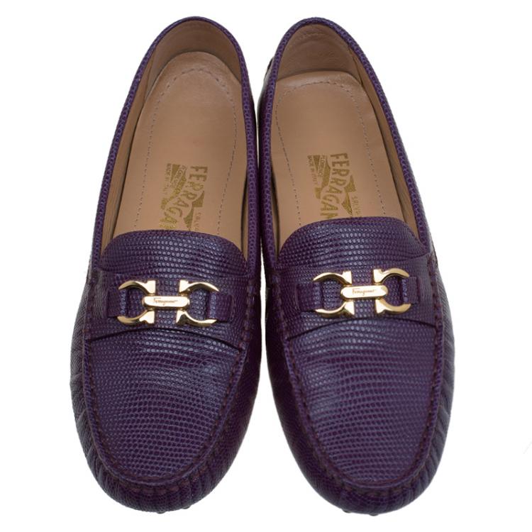 Pre Owned Salvatore Ferragamo Purple Lizard Embossed Leather Saba Loafers Size 38.5
