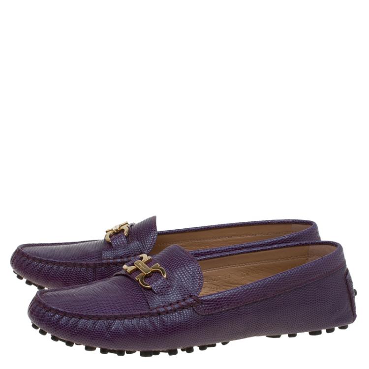 Pre Owned Salvatore Ferragamo Purple Lizard Embossed Leather Saba Loafers Size 38.5