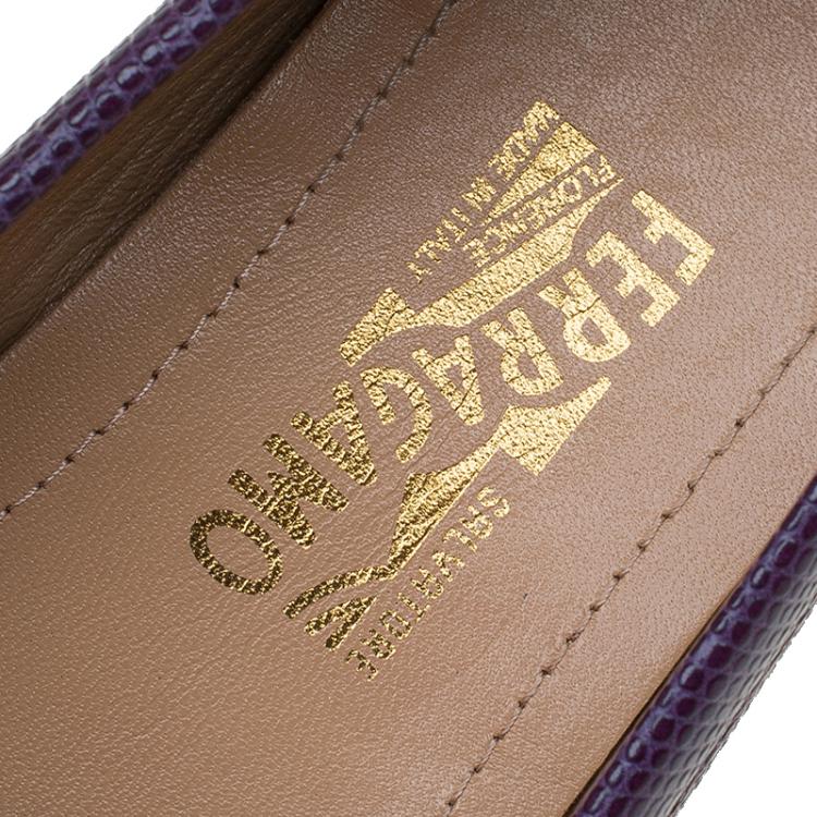 Pre Owned Salvatore Ferragamo Purple Lizard Embossed Leather Saba Loafers Size 38.5