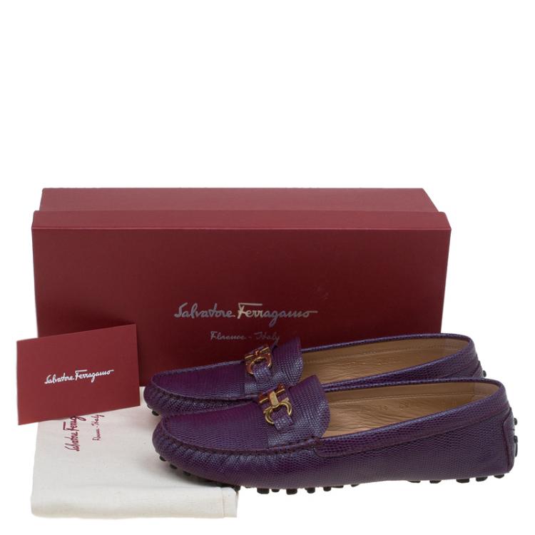 Pre Owned Salvatore Ferragamo Purple Lizard Embossed Leather Saba Loafers Size 38.5