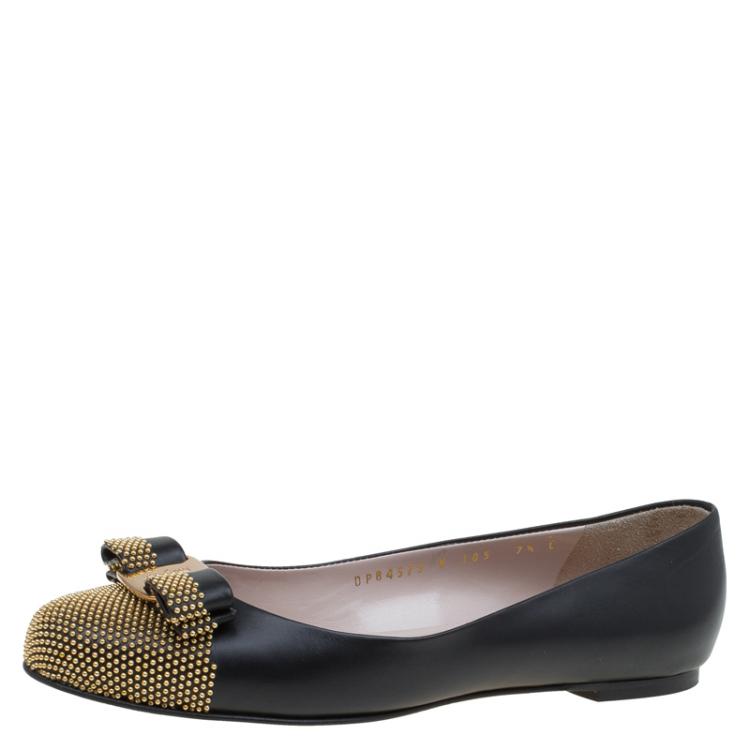 Pre Owned Salvatore Ferragamo Black Studded Cap Toe Dastin Ballet Flats Size 38