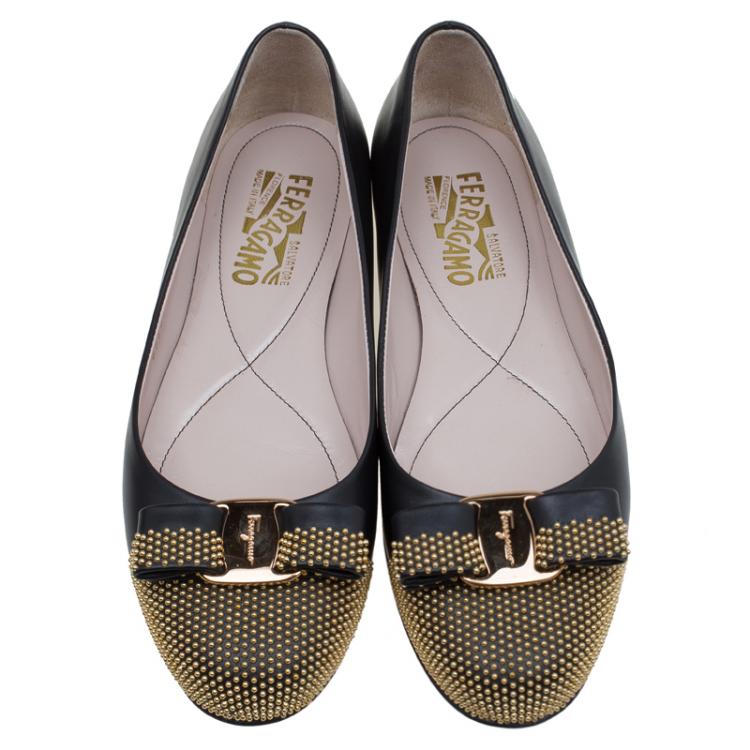 Pre Owned Salvatore Ferragamo Black Studded Cap Toe Dastin Ballet Flats Size 38