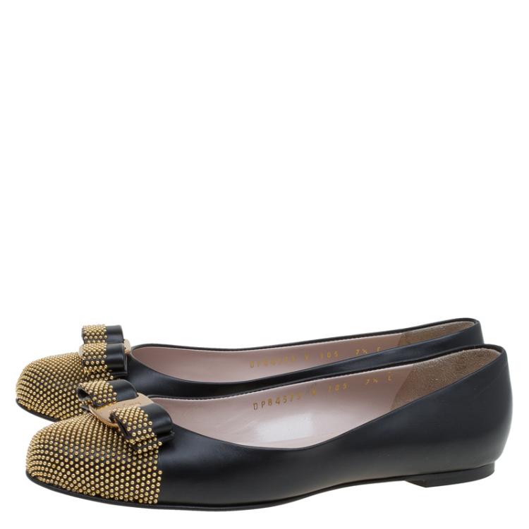 Pre Owned Salvatore Ferragamo Black Studded Cap Toe Dastin Ballet Flats Size 38