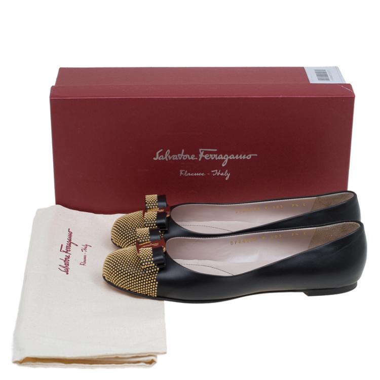 Pre Owned Salvatore Ferragamo Black Studded Cap Toe Dastin Ballet Flats Size 38