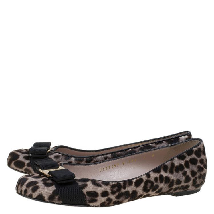 Pre Owned Salvatore Ferragamo Leopard Print Pony Hair Varina Ballet Flats Size 37.5