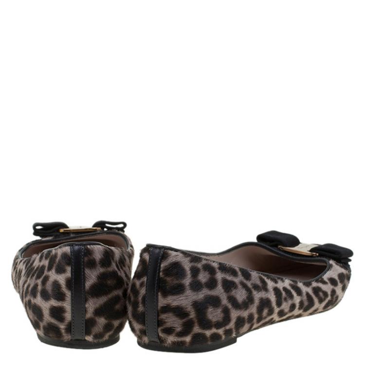 Pre Owned Salvatore Ferragamo Leopard Print Pony Hair Varina Ballet Flats Size 37.5