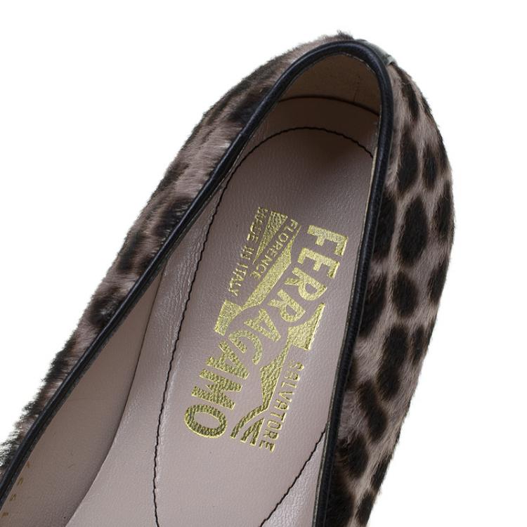 Pre Owned Salvatore Ferragamo Leopard Print Pony Hair Varina Ballet Flats Size 37.5