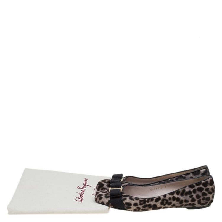 Pre Owned Salvatore Ferragamo Leopard Print Pony Hair Varina Ballet Flats Size 37.5