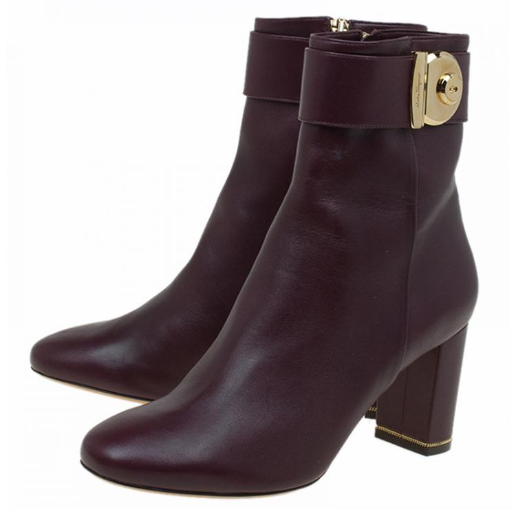 Pre Owned Salvatore Ferragamo Burgundy Leather Fiamma Ankle Boots Size 39.5