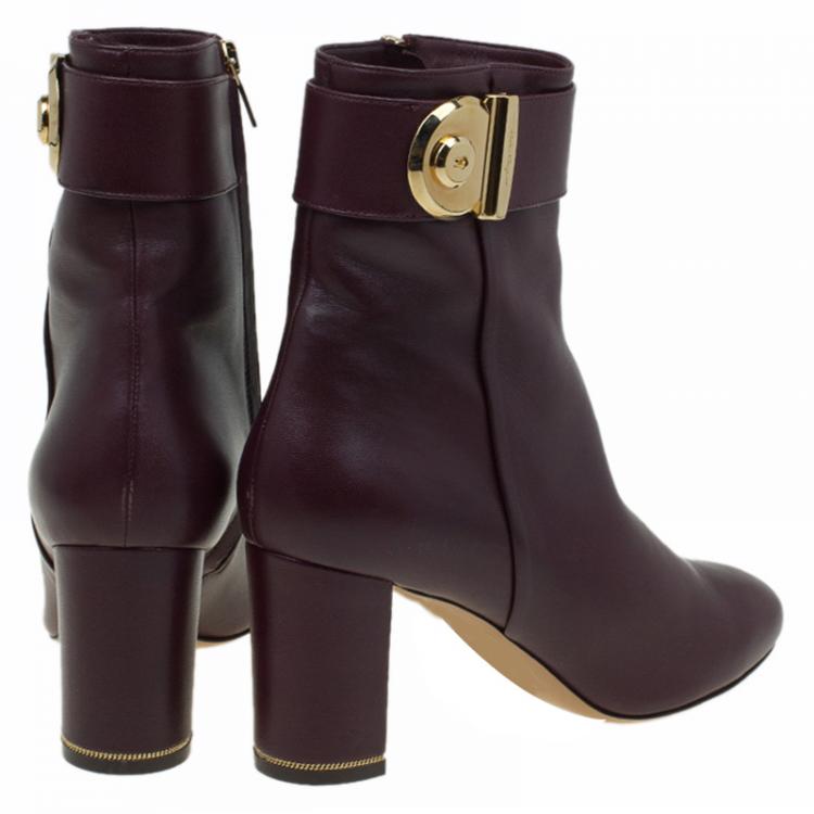 Pre Owned Salvatore Ferragamo Burgundy Leather Fiamma Ankle Boots Size 39.5