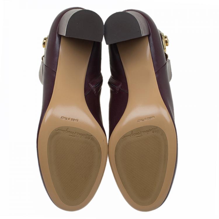 Pre Owned Salvatore Ferragamo Burgundy Leather Fiamma Ankle Boots Size 39.5