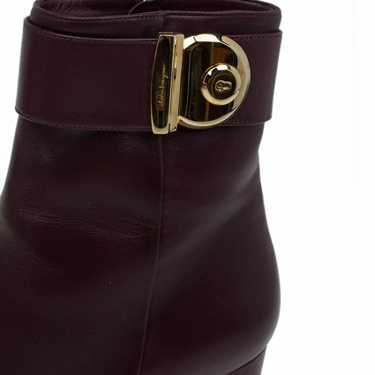 Pre Owned Salvatore Ferragamo Burgundy Leather Fiamma Ankle Boots Size 39.5