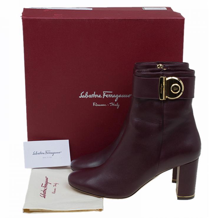 Pre Owned Salvatore Ferragamo Burgundy Leather Fiamma Ankle Boots Size 39.5