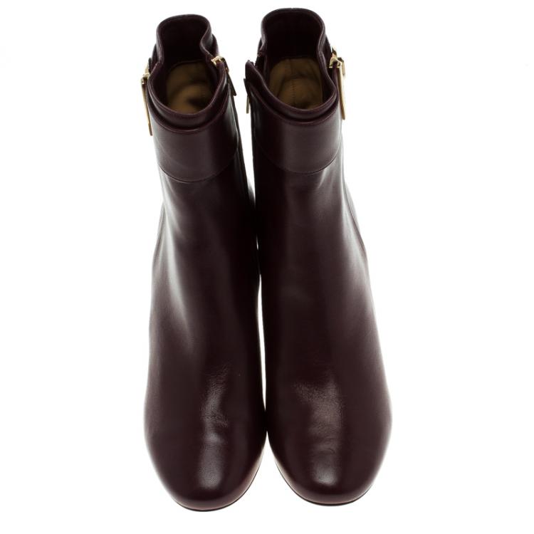 Pre Owned Salvatore Ferragamo Burgundy Leather Fiamma Ankle Boots Size 38.5