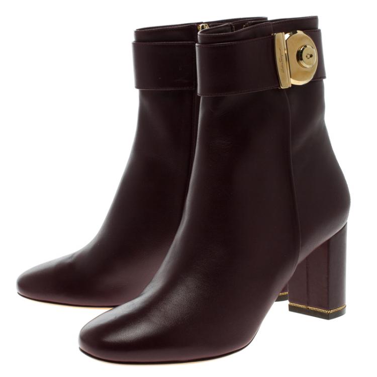 Pre Owned Salvatore Ferragamo Burgundy Leather Fiamma Ankle Boots Size 38.5