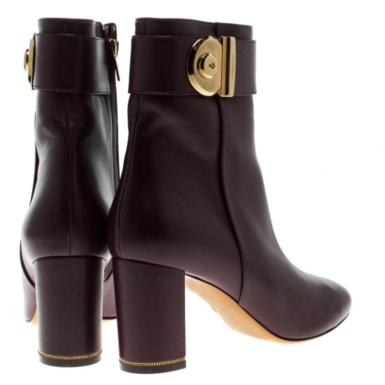 Pre Owned Salvatore Ferragamo Burgundy Leather Fiamma Ankle Boots Size 38.5