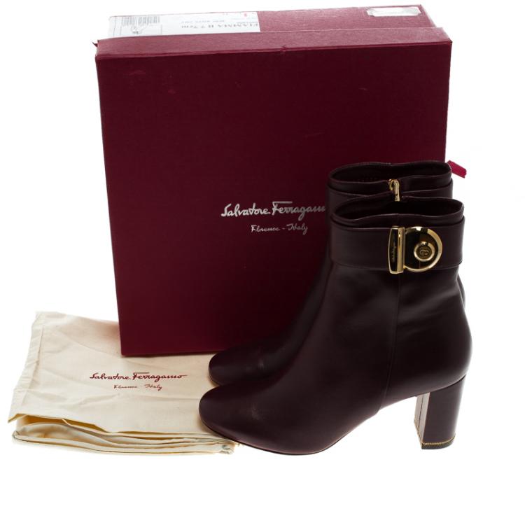 Pre Owned Salvatore Ferragamo Burgundy Leather Fiamma Ankle Boots Size 38.5