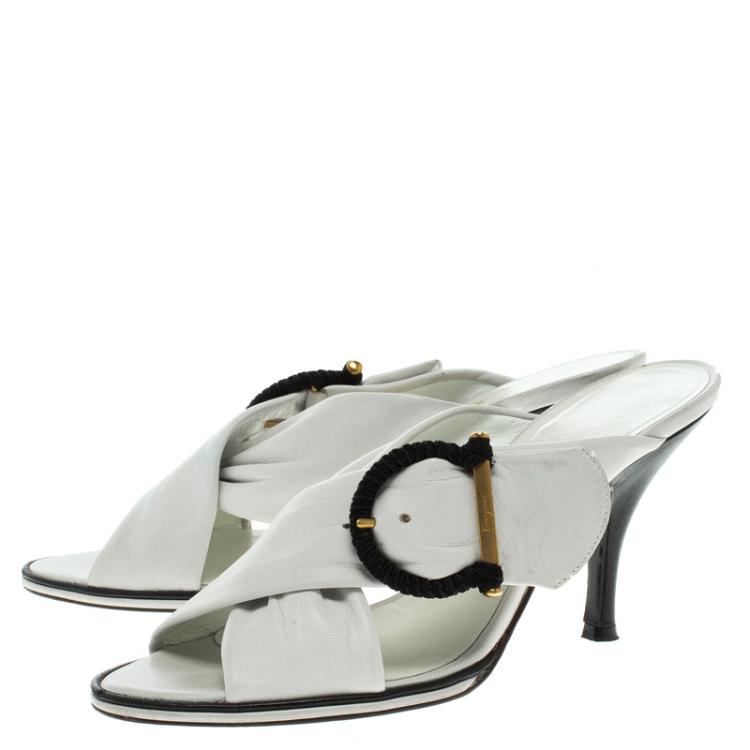 Pre Owned Salvatore Ferragamo White Leather Gancini  Crosss Strap Slides Size 37