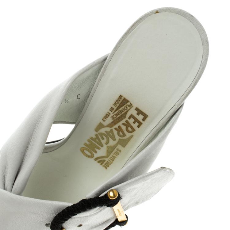 Pre Owned Salvatore Ferragamo White Leather Gancini  Crosss Strap Slides Size 37