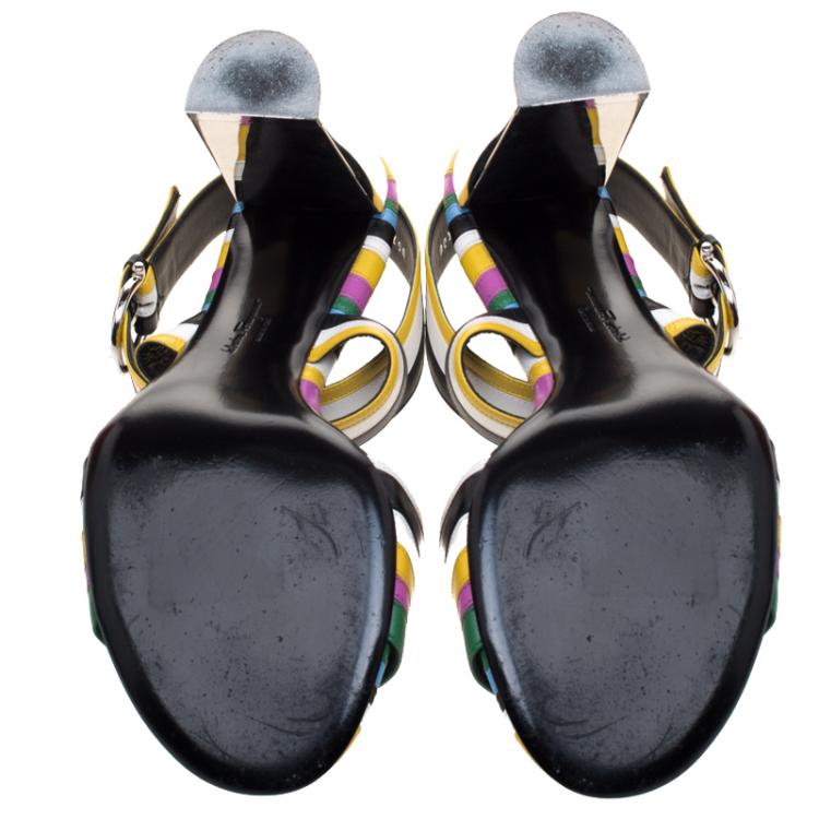 Pre Owned Salvatore Ferragamo Multicolor Stripe Leather Gilli Ankle Wrap Sandals Size 40