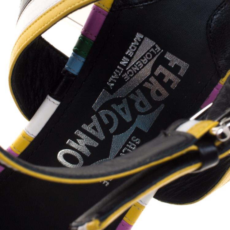 Pre Owned Salvatore Ferragamo Multicolor Stripe Leather Gilli Ankle Wrap Sandals Size 40