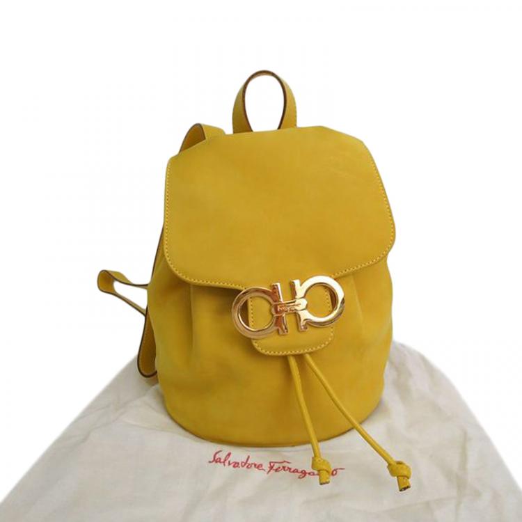 Pre Owned Salvatore Ferragamo Yellow Suede Gancini Backpack