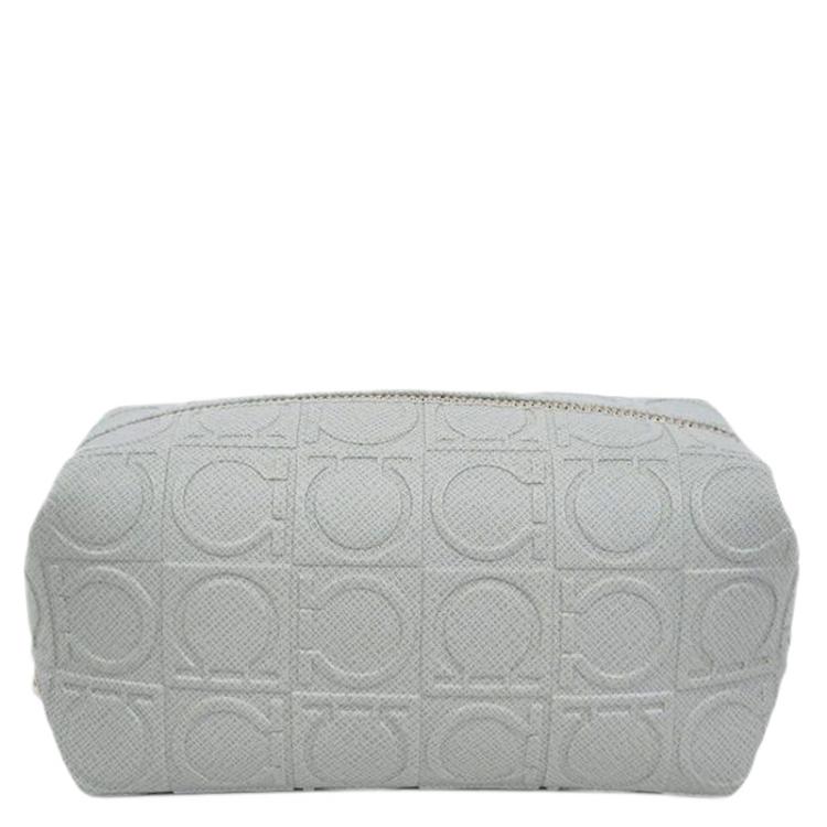 Pre Owned Salvatore Ferragamo Light Grey Calfskin Leather Gancini Cosmetic Pouch