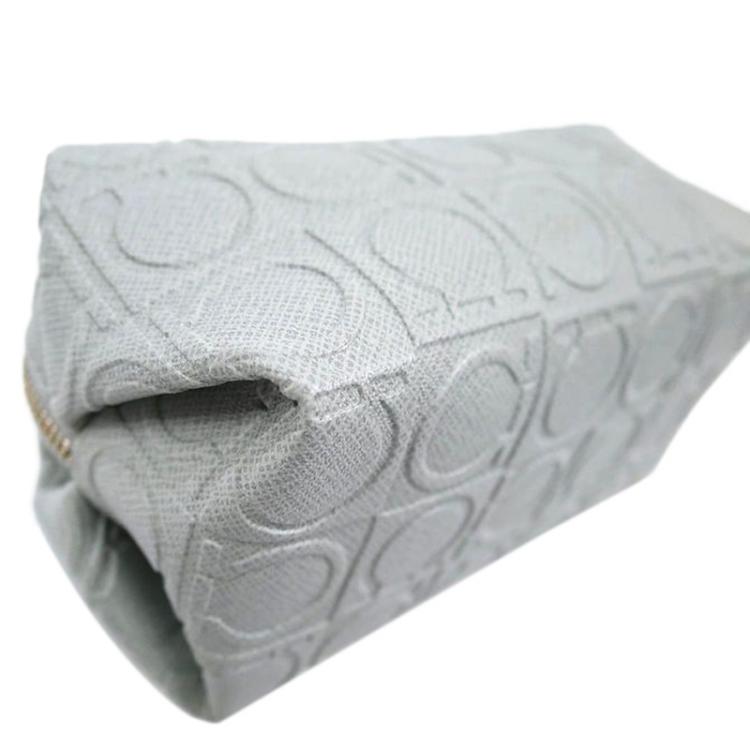 Pre Owned Salvatore Ferragamo Light Grey Calfskin Leather Gancini Cosmetic Pouch