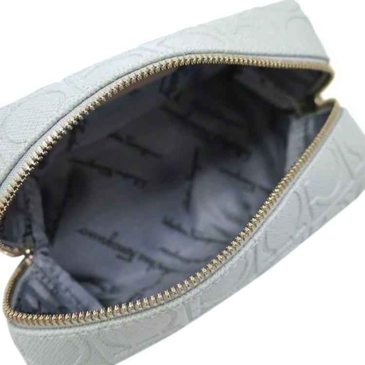 Pre Owned Salvatore Ferragamo Light Grey Calfskin Leather Gancini Cosmetic Pouch