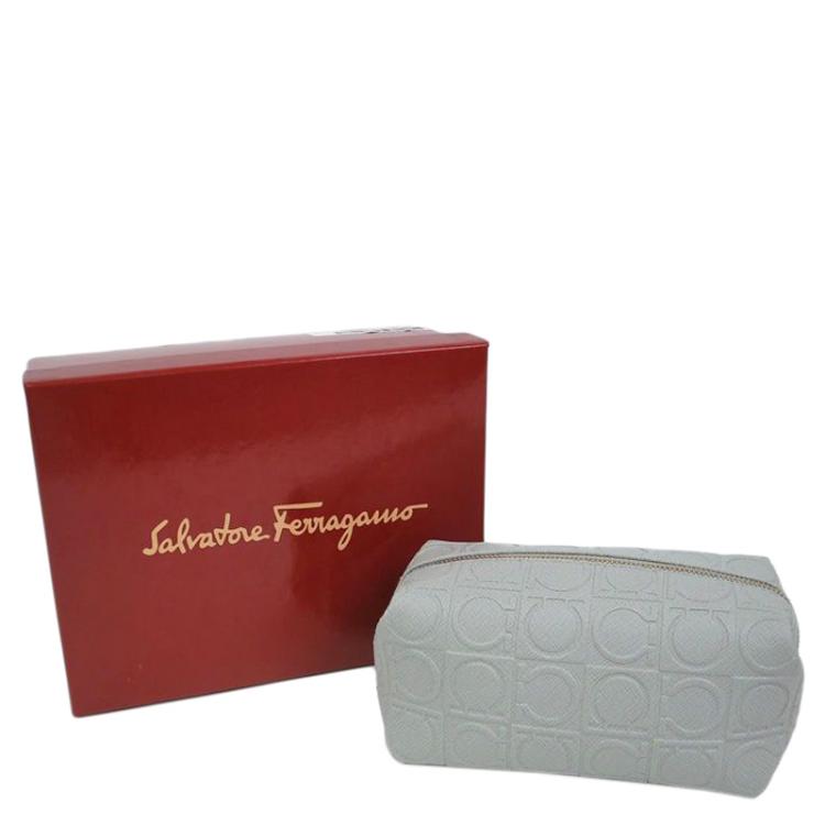 Pre Owned Salvatore Ferragamo Light Grey Calfskin Leather Gancini Cosmetic Pouch