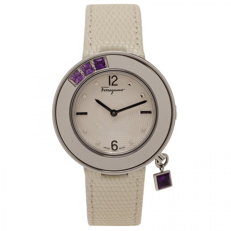 Pre Owned Salvatore Ferragamo White Stainless Steel Gancino Sparkling Women's Wristwatch 36MM