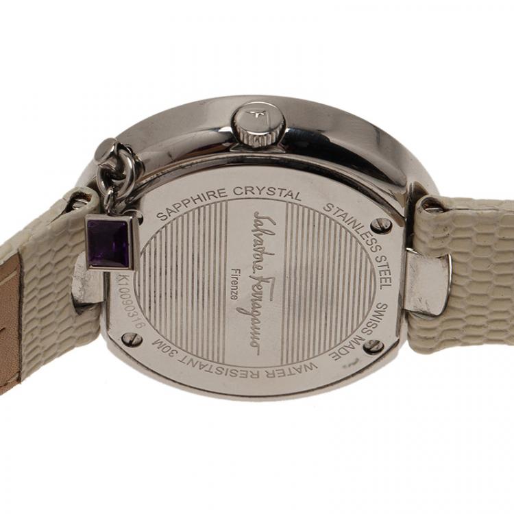 Pre Owned Salvatore Ferragamo White Stainless Steel Gancino Sparkling Women's Wristwatch 36MM