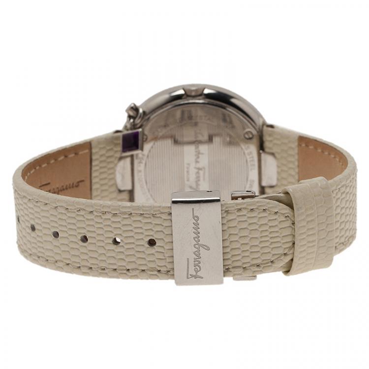 Pre Owned Salvatore Ferragamo White Stainless Steel Gancino Sparkling Women's Wristwatch 36MM