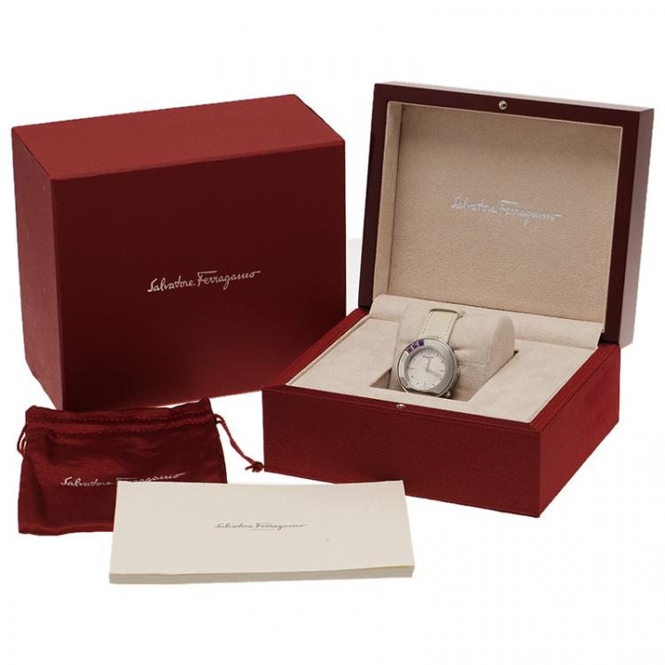 Pre Owned Salvatore Ferragamo White Stainless Steel Gancino Sparkling Women's Wristwatch 36MM