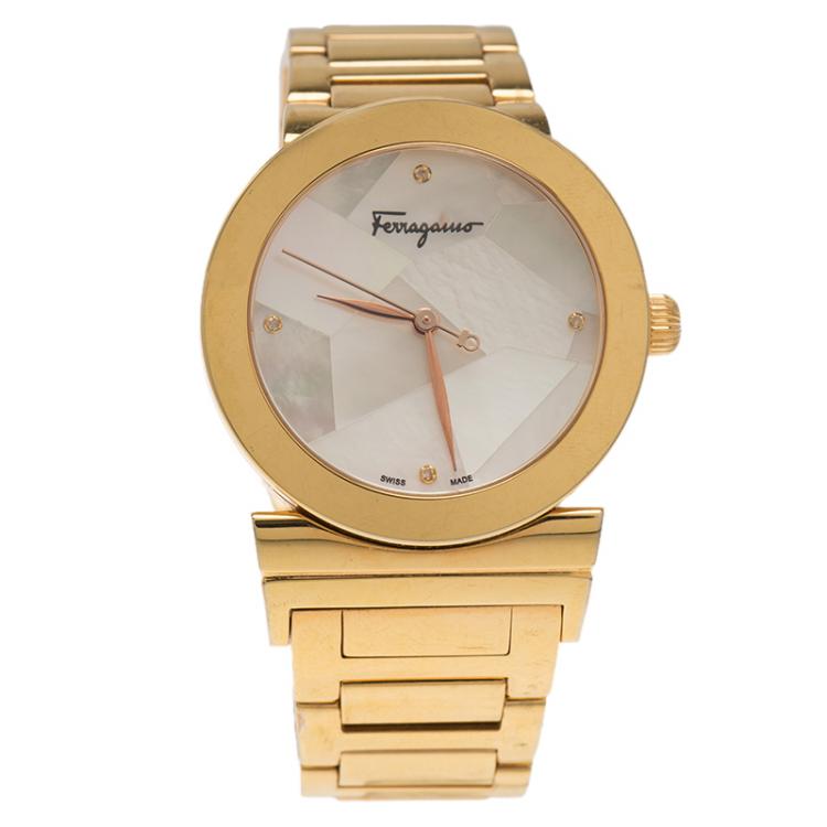 Pre Owned Salvatore Ferragamo Mother of Pearl Gold Ion Plated Stainless Steel FG2 Women's Wristwatch 33MM