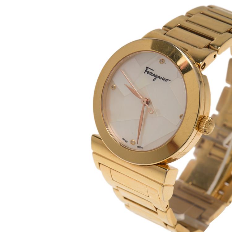 Pre Owned Salvatore Ferragamo Mother of Pearl Gold Ion Plated Stainless Steel FG2 Women's Wristwatch 33MM