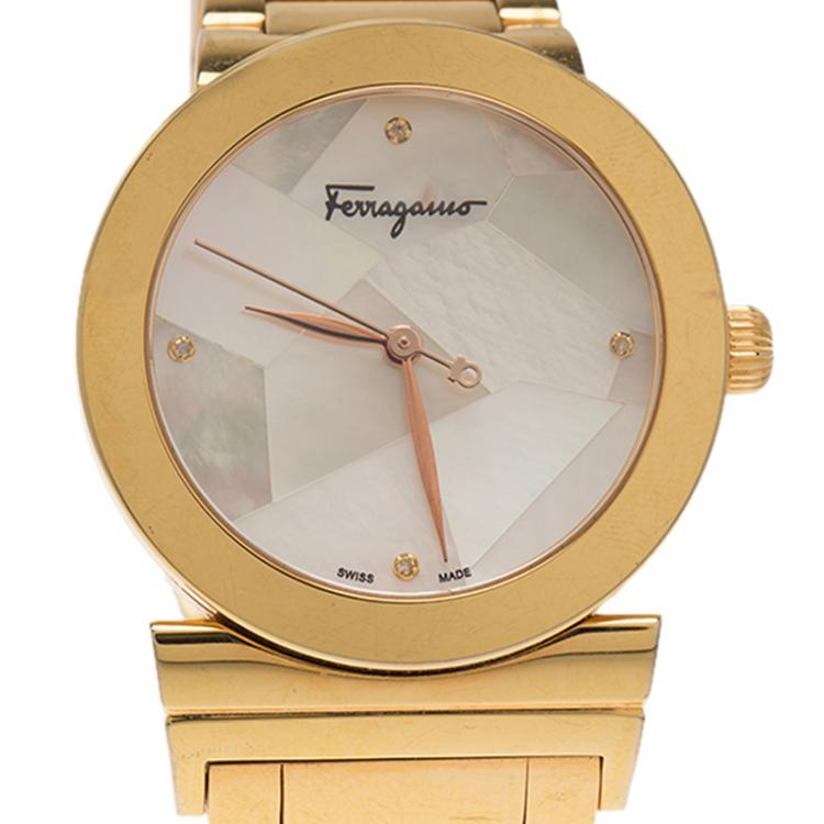 Pre Owned Salvatore Ferragamo Mother of Pearl Gold Ion Plated Stainless Steel FG2 Women's Wristwatch 33MM