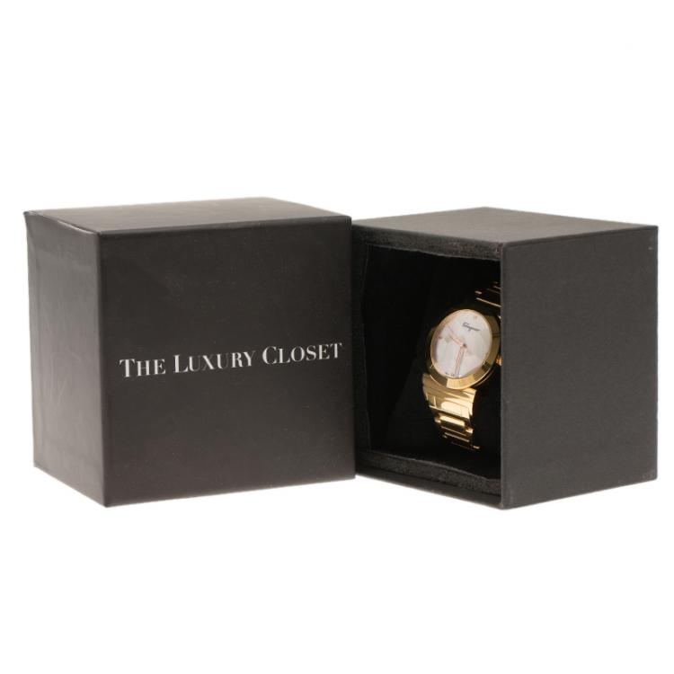 Pre Owned Salvatore Ferragamo Mother of Pearl Gold Ion Plated Stainless Steel FG2 Women's Wristwatch 33MM