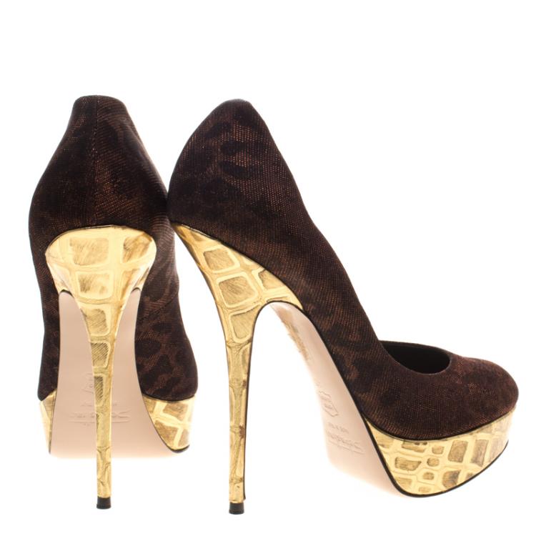 Pre Owned Sebastian Bronze Printed Lamé Fabric Platform Pumps Size 40