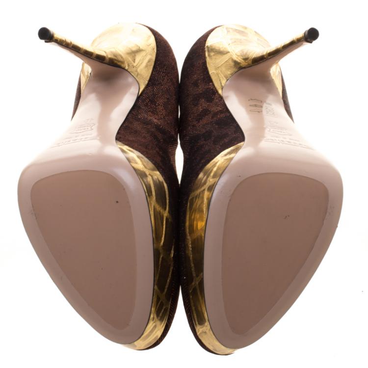 Pre Owned Sebastian Bronze Printed Lamé Fabric Platform Pumps Size 40