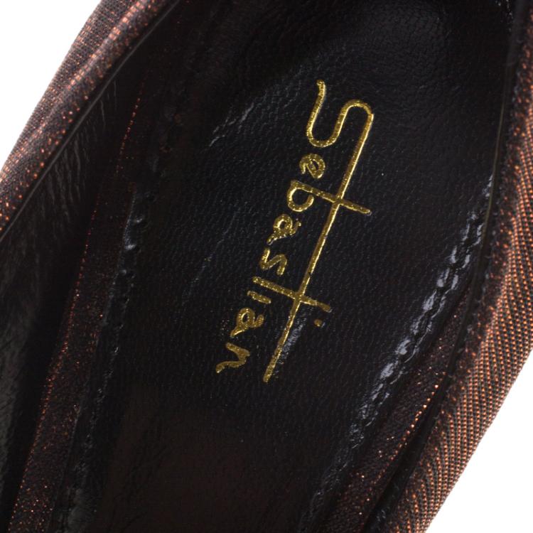 Pre Owned Sebastian Bronze Printed Lamé Fabric Platform Pumps Size 40