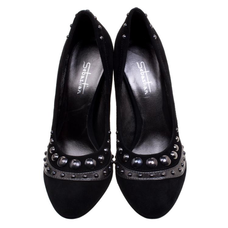 Pre Owned Sebastian Black Studded Suede Pumps Size 39