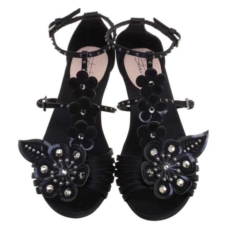 Pre Owned Sebastian Black Floral Embellished Satin Strappy Sandals Size 37