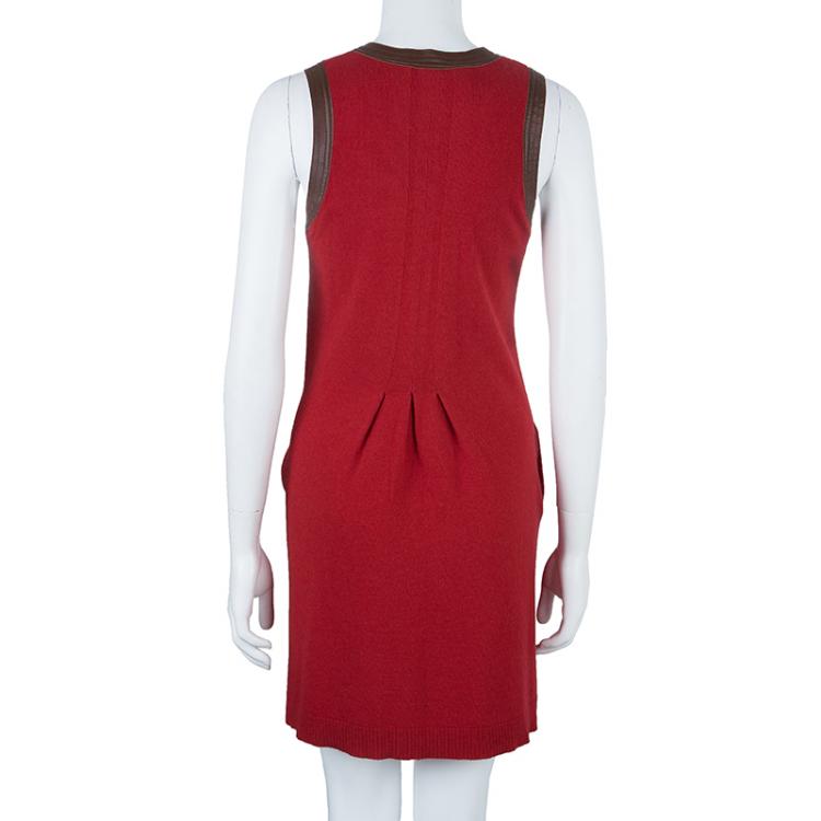 Pre Owned See by Chloe Red Wool Leather Trimming Dress S